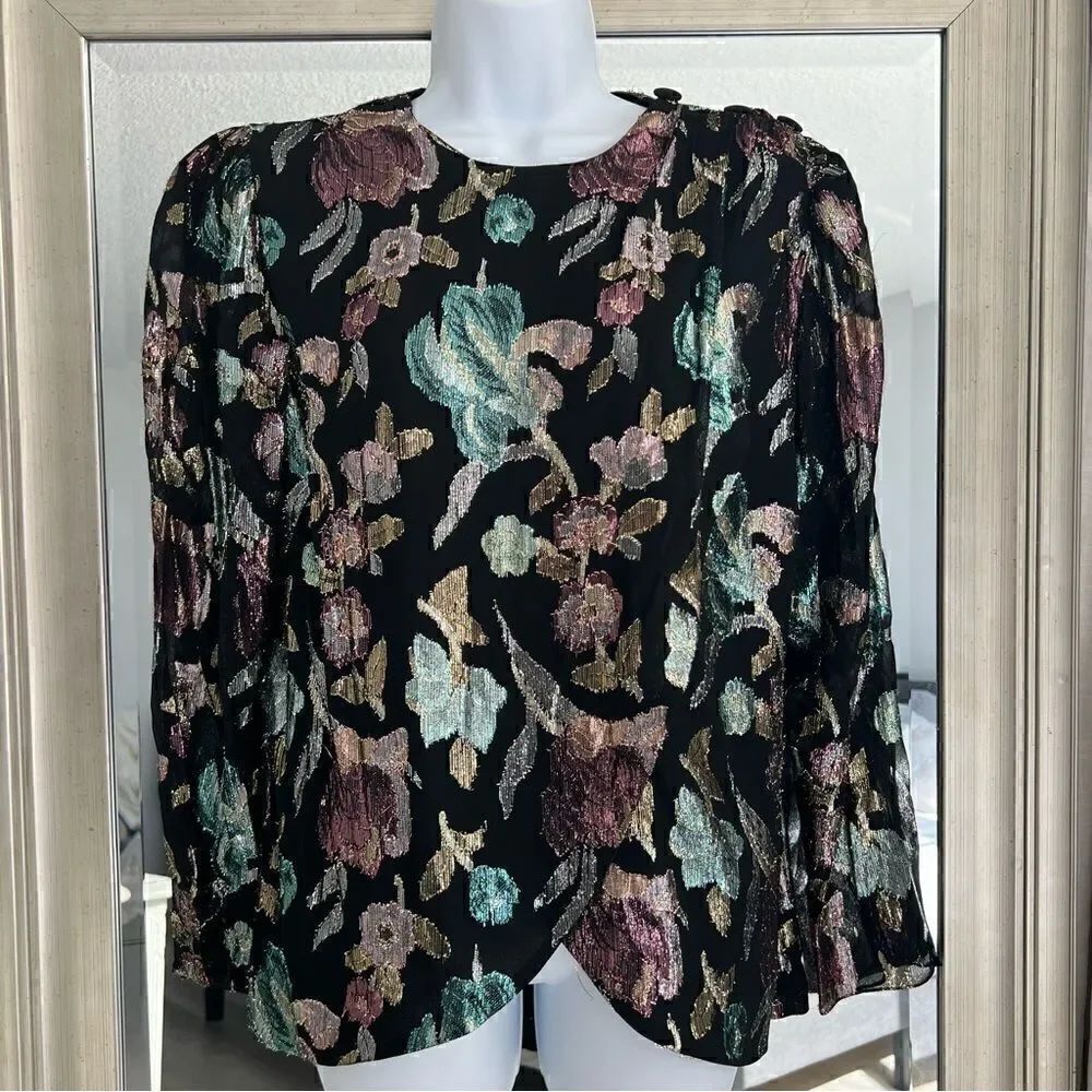 PATRA 1980s Vintage Top Wrap Style Black Metallic Multi Color Floral Cocktail M.